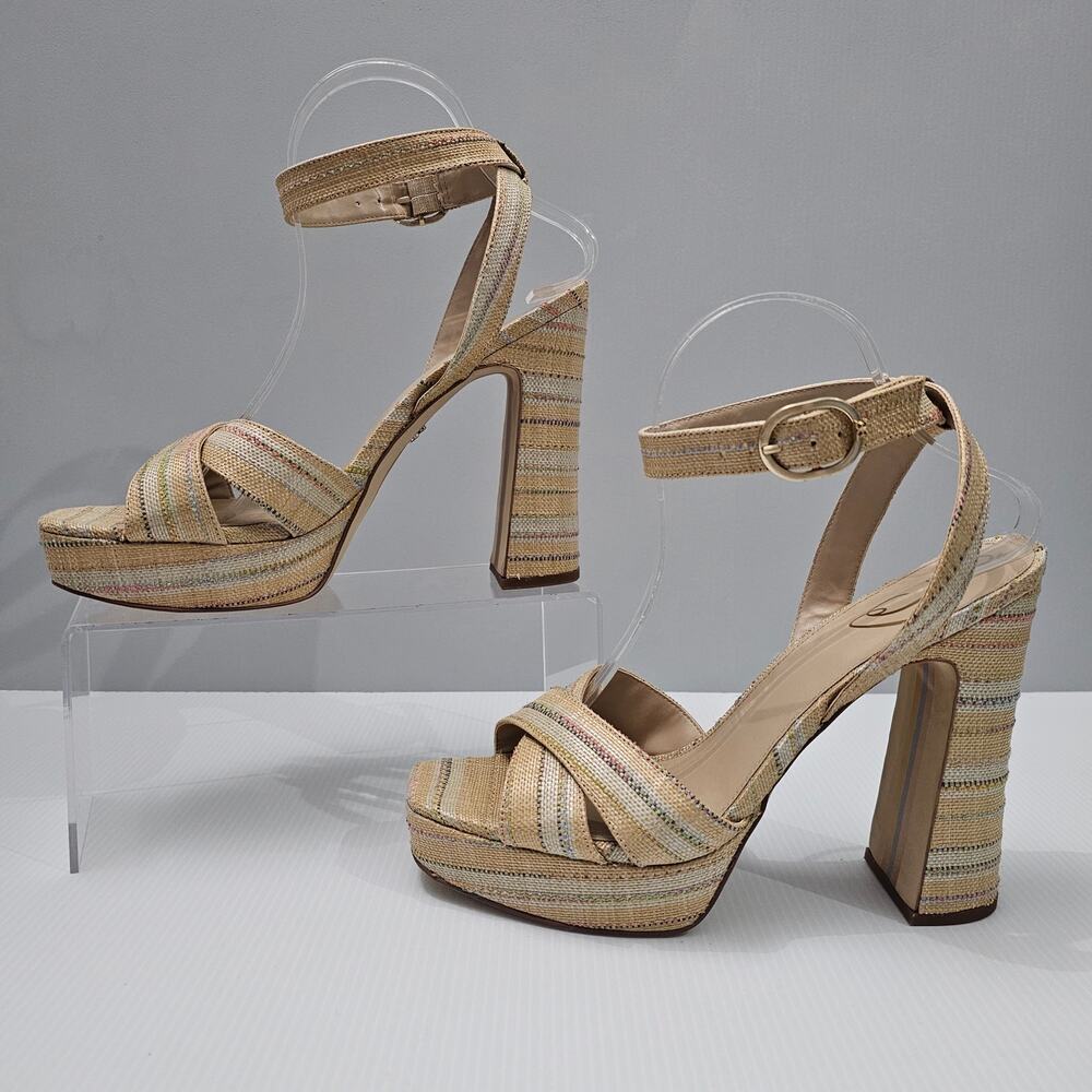 Sam Edelman Kayna Platform Block Heel Sandals Natural Raffia Stripe Womens 9.5 - Picture 2 of 14